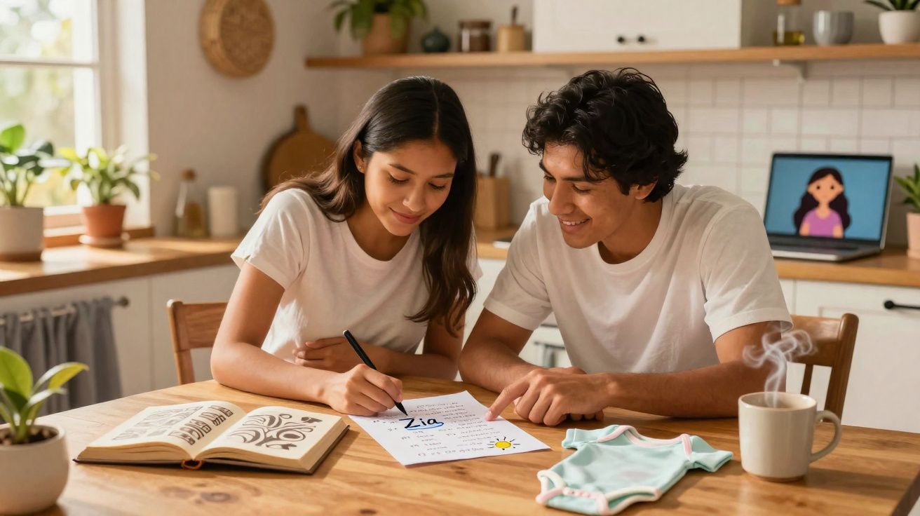 Jovem casal sentado à mesa, ela escreve carta enquanto ele sorri, com livro aberto e chá quente na cozinha.