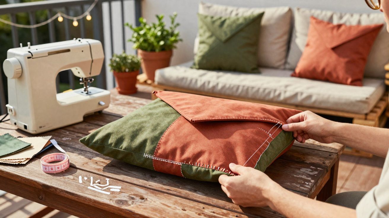 Pessoa costurando capa de almofada verde e laranja em mesa de madeira com máquina de costura ao lado.
