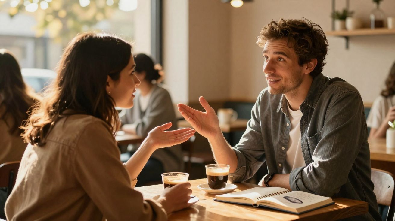 Homem e mulher conversam animadamente com café e caderno em mesa de cafeteria iluminada.