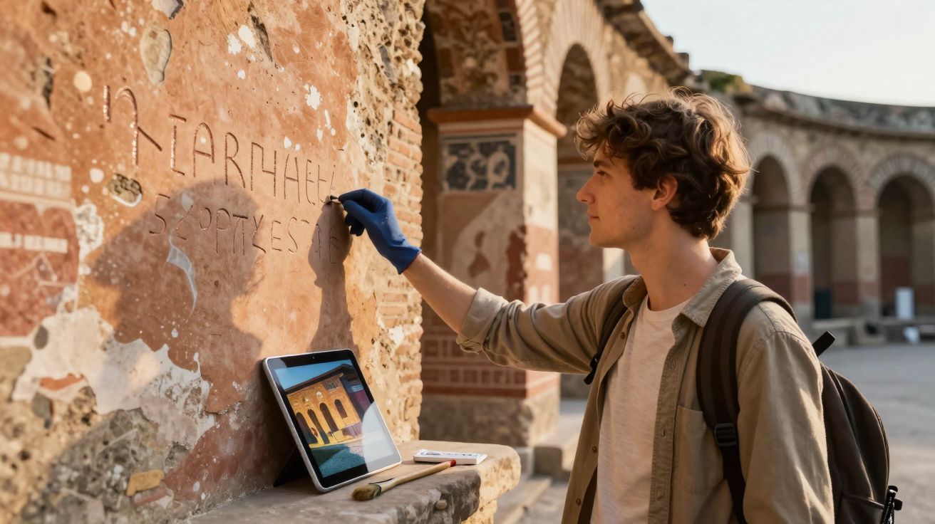 Homem jovem com mochila analisa inscrições antigas em parede de ruína arqueológica usando luva azul.