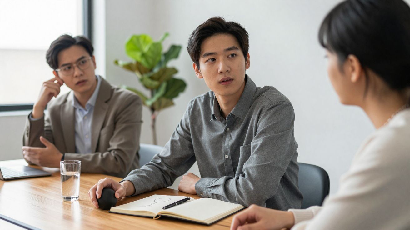 Três jovens em reunião de trabalho em escritório, conversando e tomando notas em mesa de madeira.