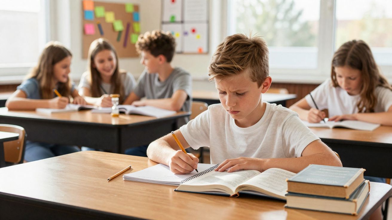 Aluno concentrado escrevendo em caderno na sala de aula com três colegas ao fundo estudando juntos.