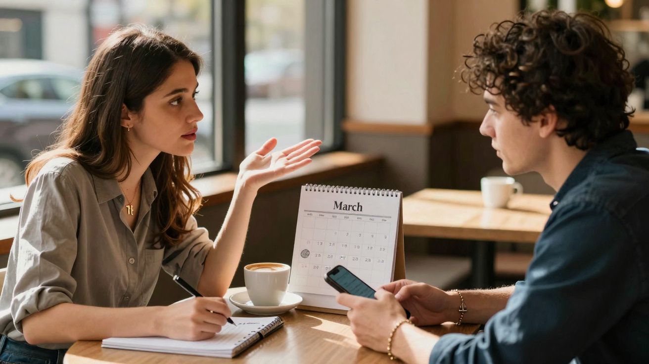 Mulher e homem conversando em café com calendário de março e caderno na mesa.