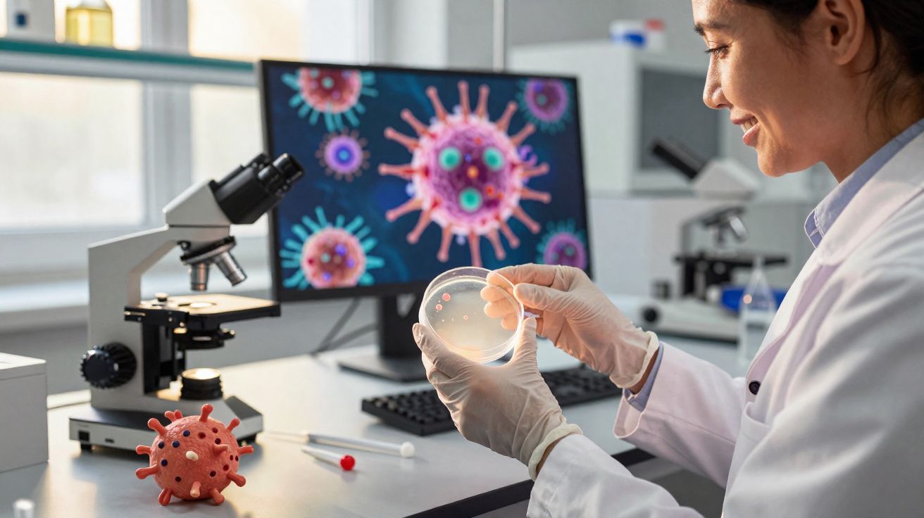 Cientista em laboratório analisando cultura em placa de Petri com microscópio e imagens de vírus na tela ao fundo.