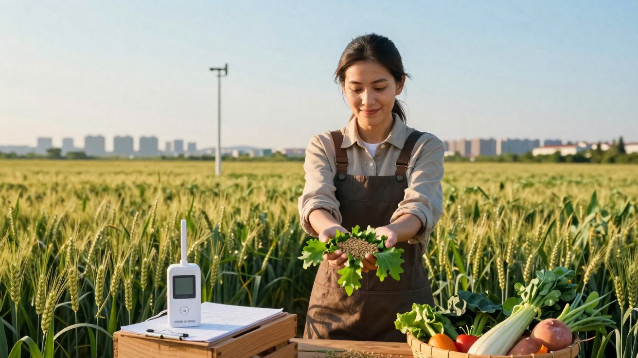 Mulher sorridente segurando plantas em campo de trigo com caixa de vegetais e aparelho de monitoramento ao lado.