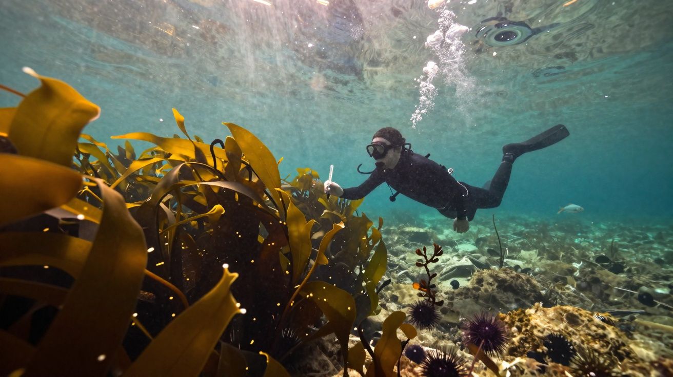 Mergulhador explorando recife com algas e ouriços-do-mar em águas claras e rasas.