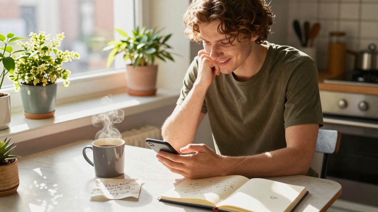 Jovem sorridente usando celular sentado à mesa com caderno aberto e caneca de café fumegante.