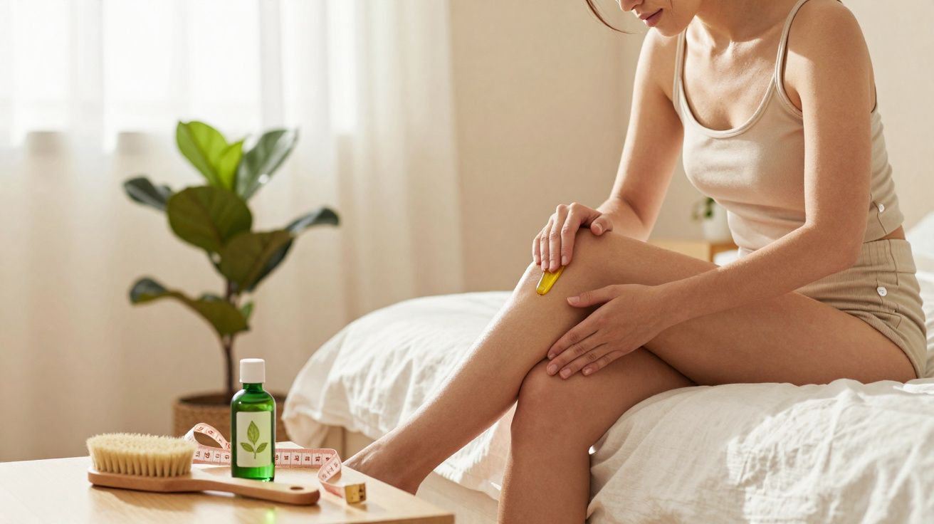 Mulher aplicando óleo corporal nas pernas em ambiente claro e tranquilo, com acessórios de beleza ao lado.