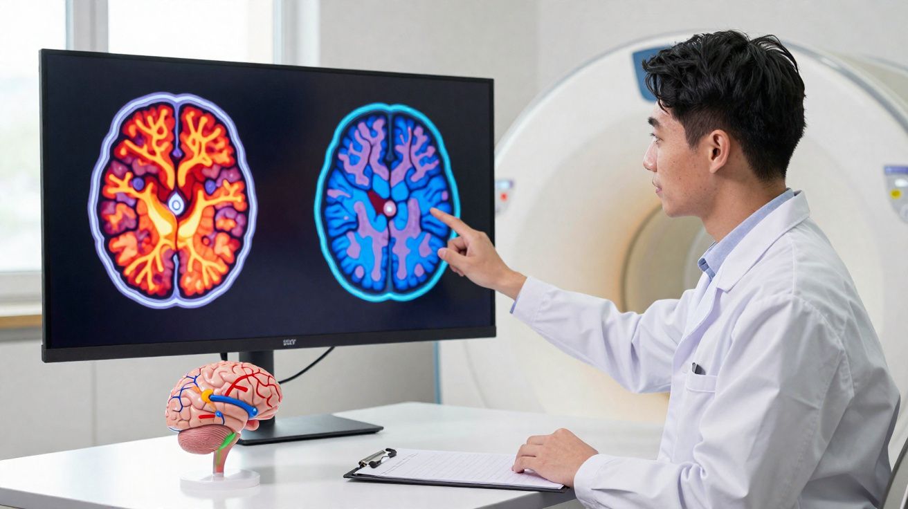 Médico analisando imagens coloridas de ressonância magnética do cérebro em monitor na sala de exames.