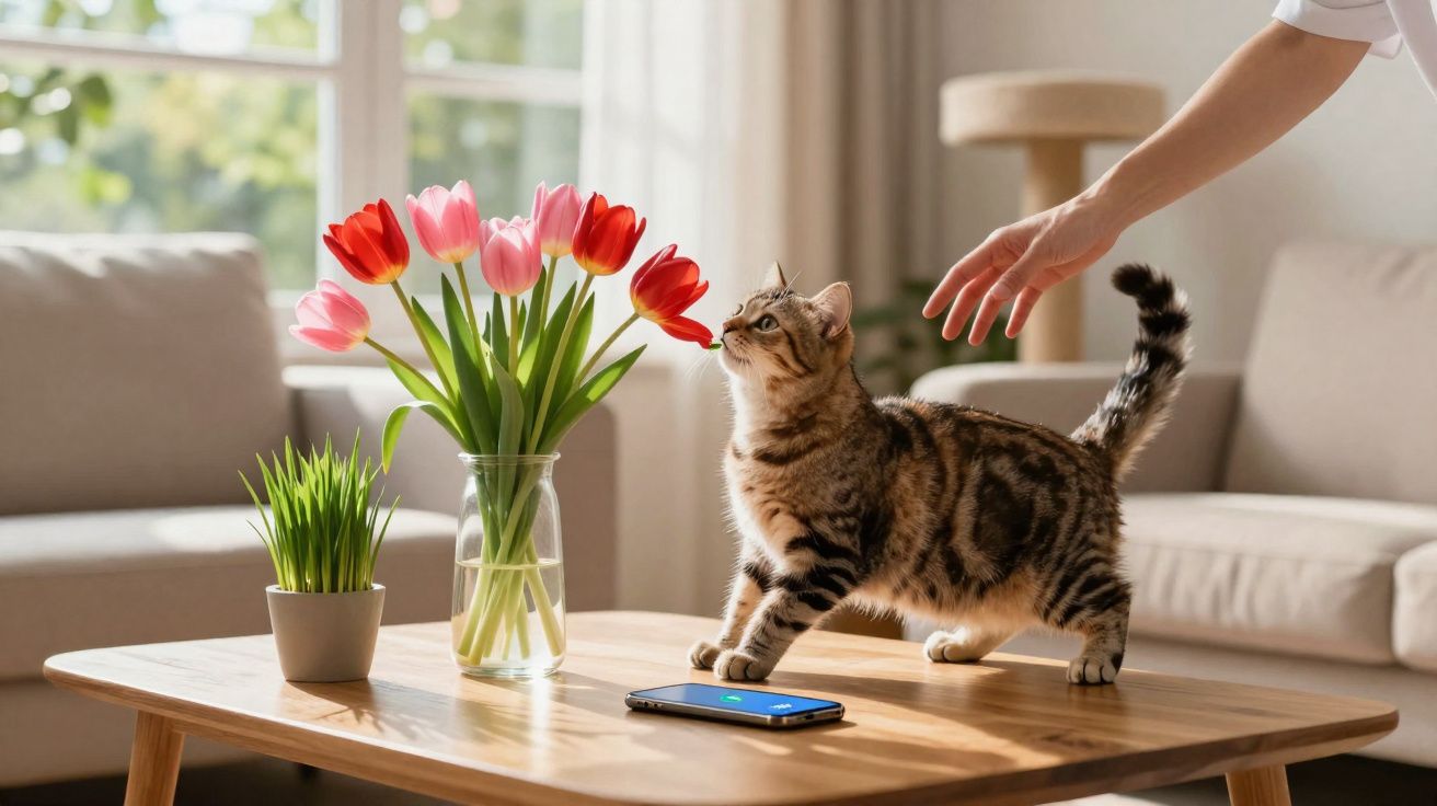 Gato curioso cheirando tulipas vermelhas e rosas sobre mesa de madeira com vaso e celular.