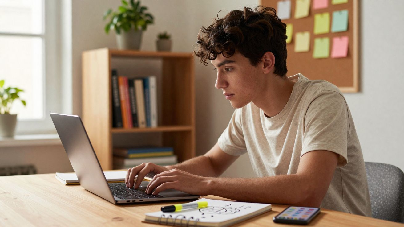 Jovem concentrado usando laptop em mesa com caderno, canetas e celular em ambiente de estudo.