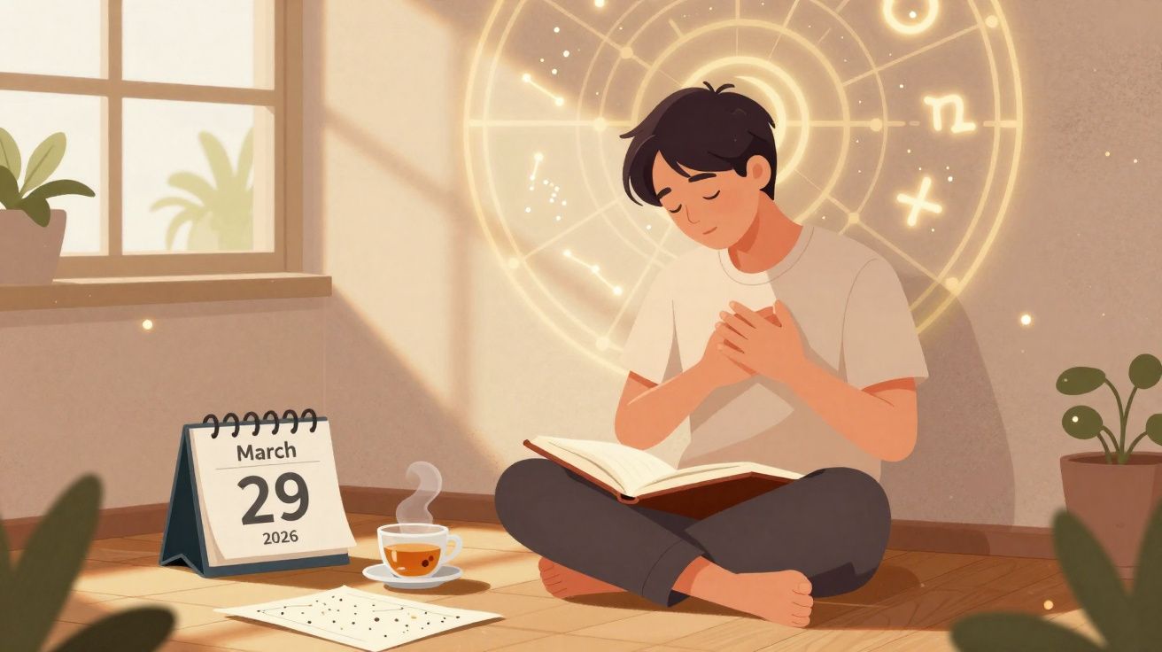 Pessoa sentada no chão lendo um livro, com calendário marcando 29 de março de 2026 e símbolos astrológicos iluminados.