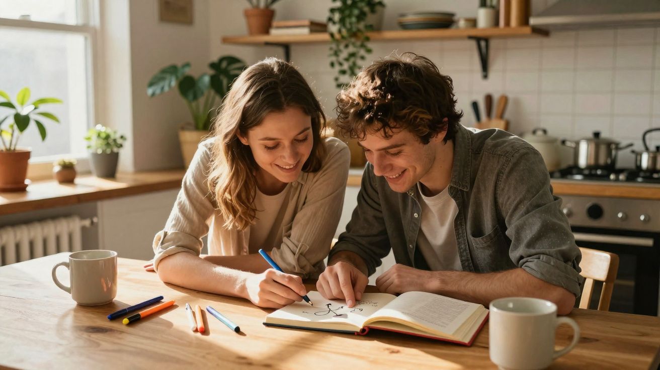 Casal jovem desenha e sorri juntos em caderno, sentados à mesa na cozinha com canecas e lápis coloridos.