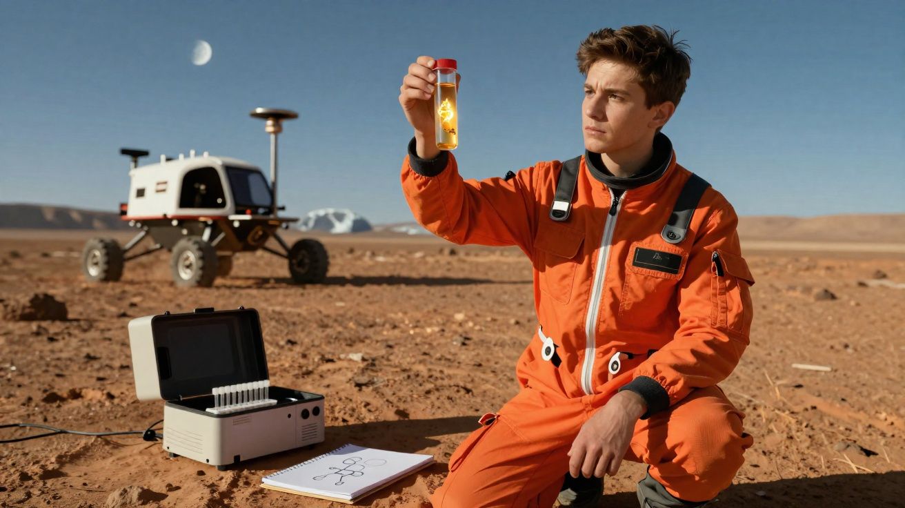 Jovem astronauta em traje laranja examina amostra em frasco no solo árido com rover e anotação ao fundo.
