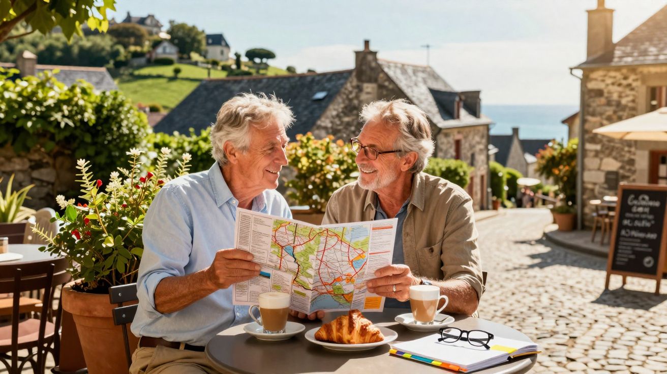 Dois homens idosos sentados ao ar livre, olhando um mapa, com café e croissant na mesa.