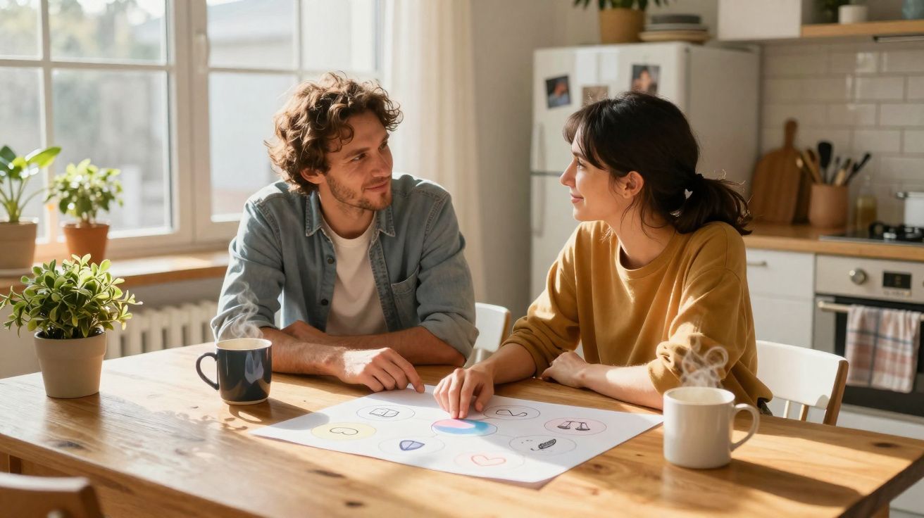 Casal jovem conversando e olhando um gráfico colorido em mesa de cozinha ensolarada.