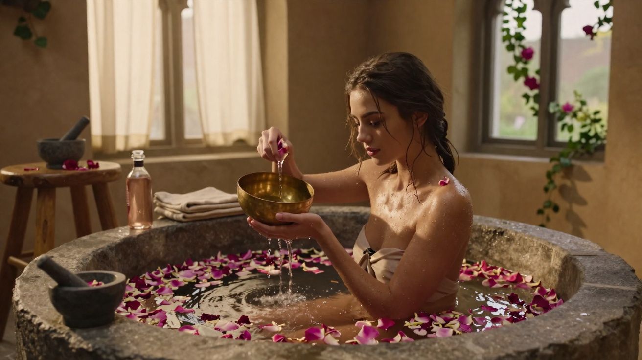 Mulher em banheira de pedra com água e pétalas de rosa, segurando um recipiente dourado, ambiente calmo.
