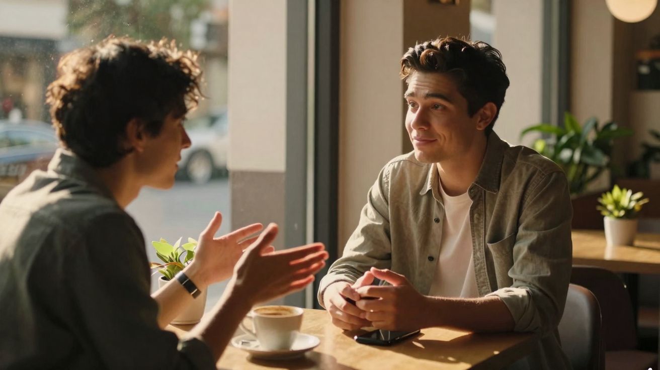 Dois jovens conversando em mesa de café com xícara e plantas ao fundo em ambiente iluminado.