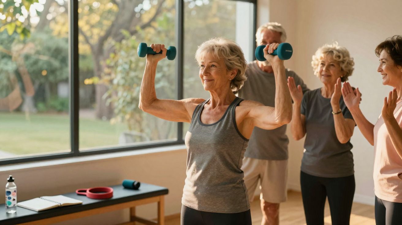 Mulher idosa levantando halteres durante aula de exercícios com grupo aplaudindo em ambiente iluminado.