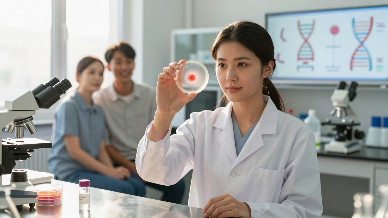 Cientista mulher em laboratório segurando placa de Petri com cultura bacteriana, casal ao fundo observando.
