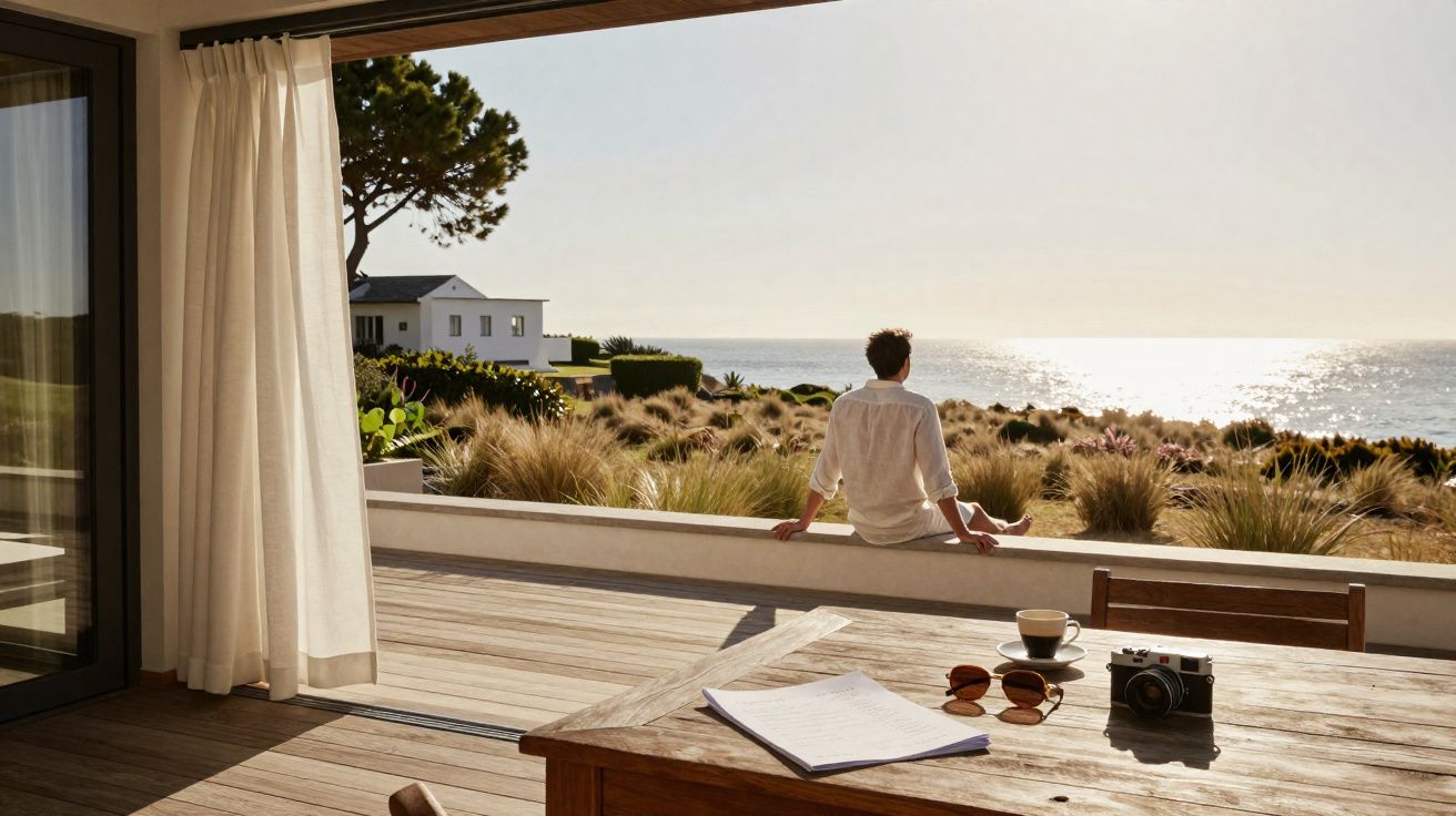 Pessoa sentada em varanda com vista para o mar, mesa de madeira com câmera, óculos e xícara.