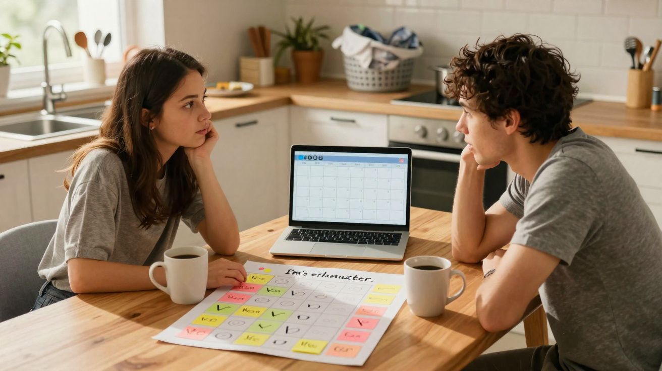 Casal sentado à mesa com calendário e laptop, planejando algo na cozinha iluminada.