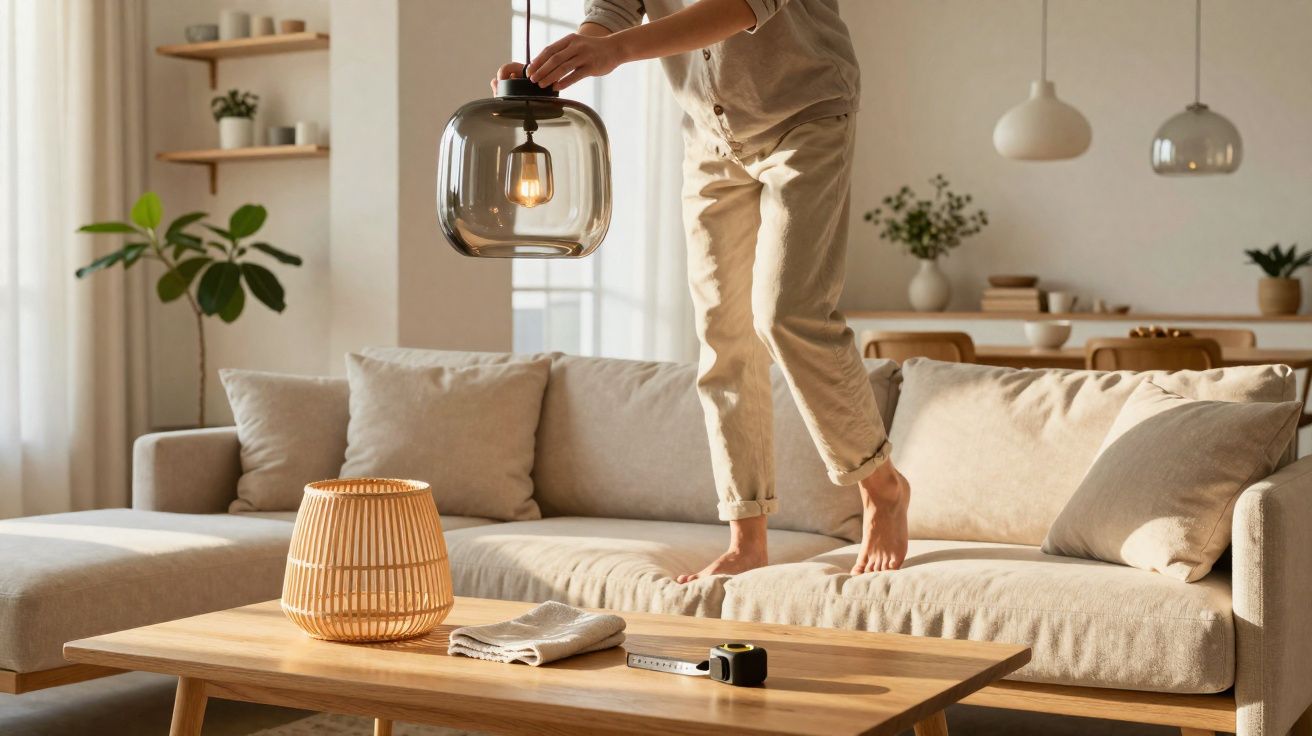 Pessoa em pé sobre sofá bege regulando lustre em sala de estar decorada com planta e mesa de madeira.