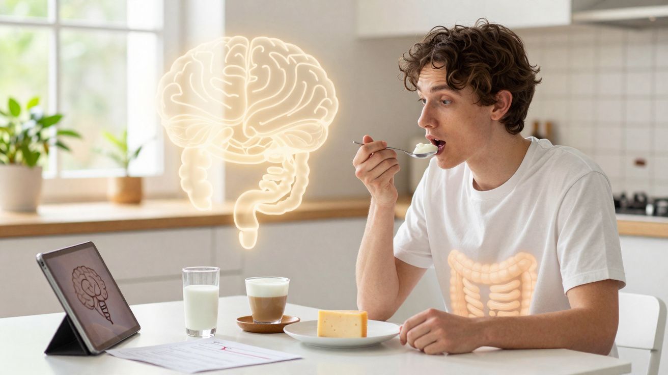 Jovem com camiseta branca com ilustração do intestino, comendo sentado à mesa, com cérebro digital flutuante à frente.
