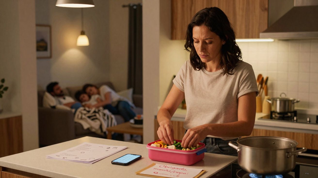 Mulher preparando lanche na cozinha enquanto família descansa no sofá ao fundo, à noite.