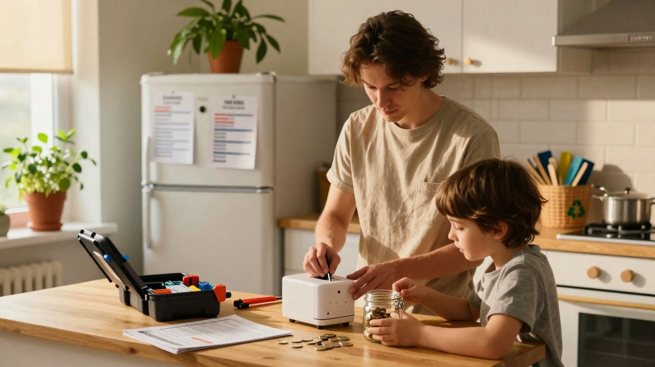 Homem e menino contando moedas para colocar em cofrinho branco na cozinha iluminada.