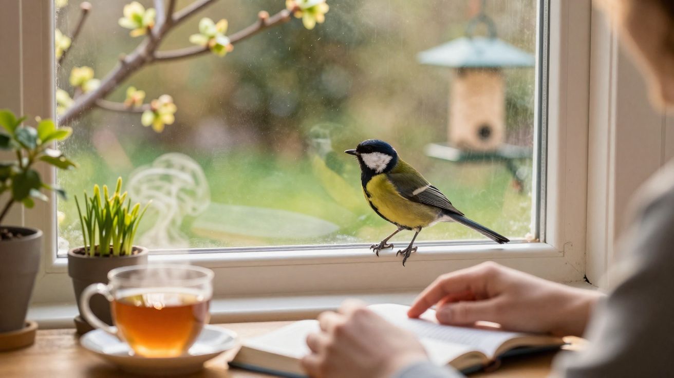 Pássaro pousado na janela enquanto pessoa lê livro e uma xícara de chá está sobre a mesa junto a plantas.