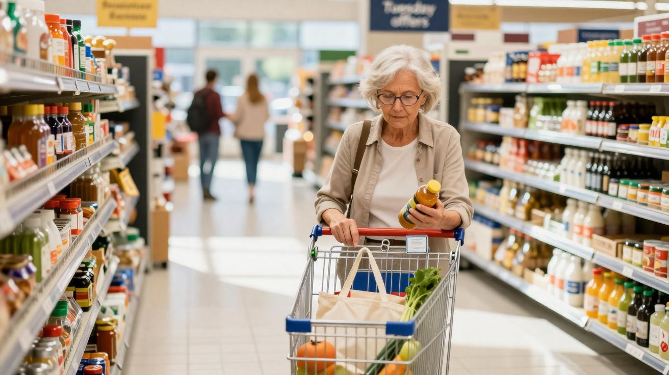 Mulher idosa com roupas claras empurra carrinho de compras em corredor de supermercado, analisando produto.