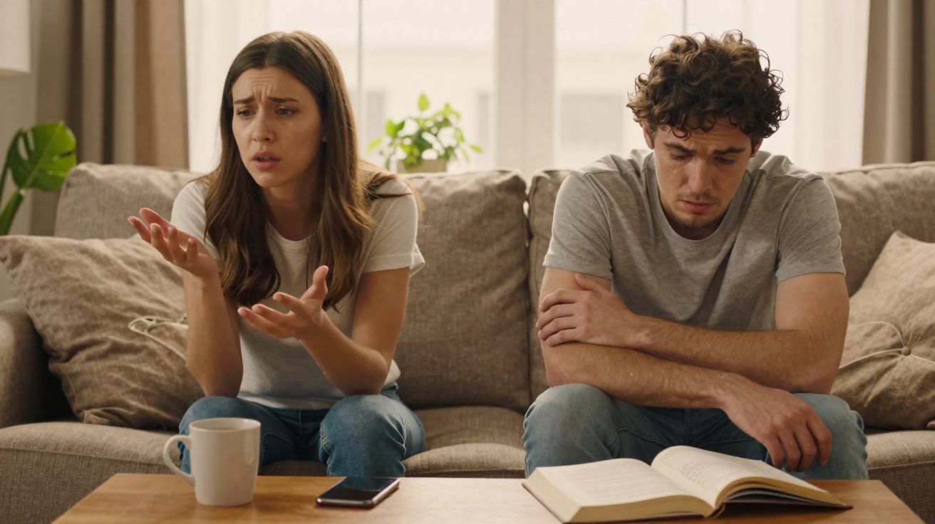 Casal jovem sentado no sofá com expressões de tristeza e desconforto, em ambiente interno.
