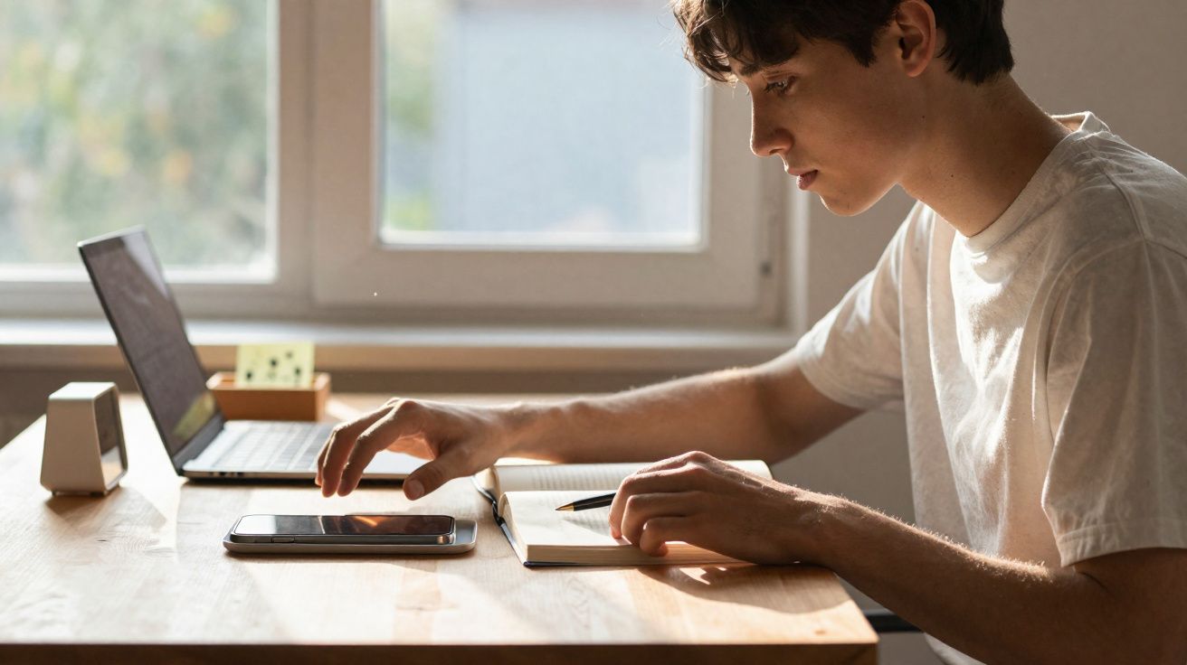 Jovem sentado à mesa, usando celular e anotando em caderno, com notebook aberto e janela ao fundo.