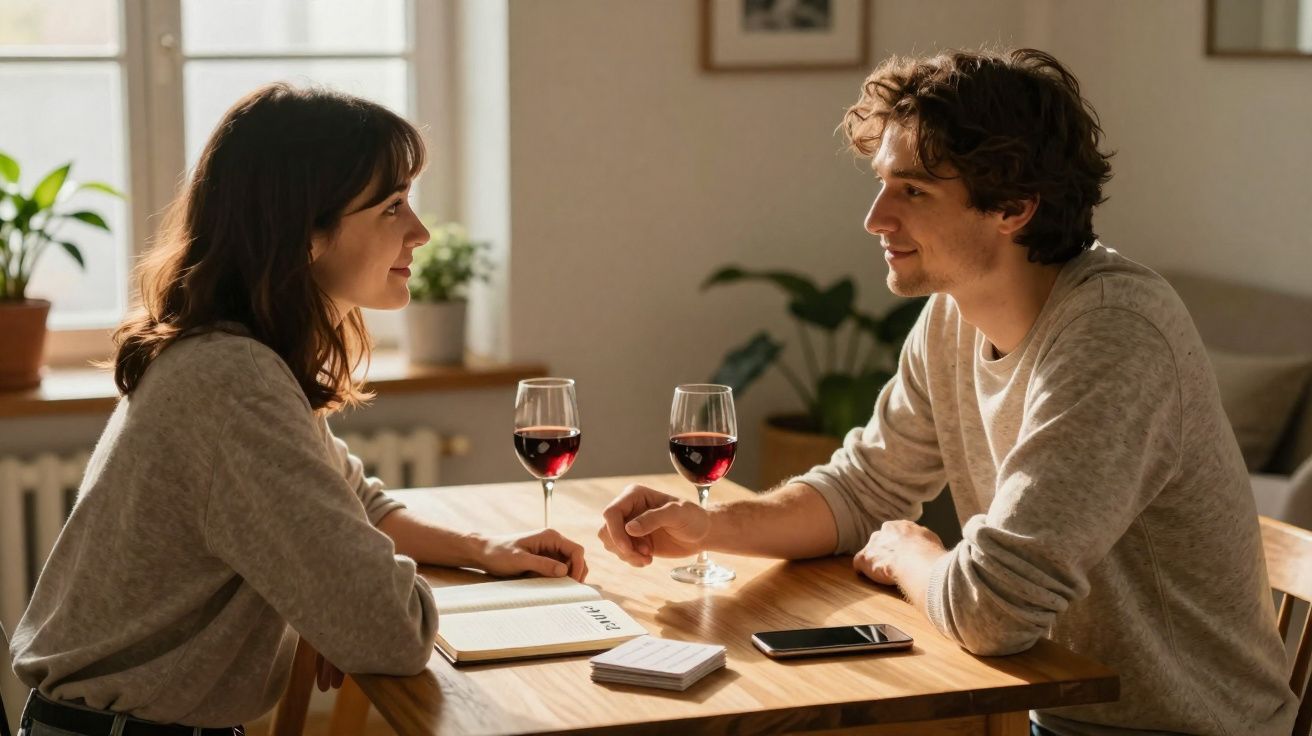 Casal jovem conversando em uma mesa com taças de vinho tinto, livro e celular em ambiente acolhedor.