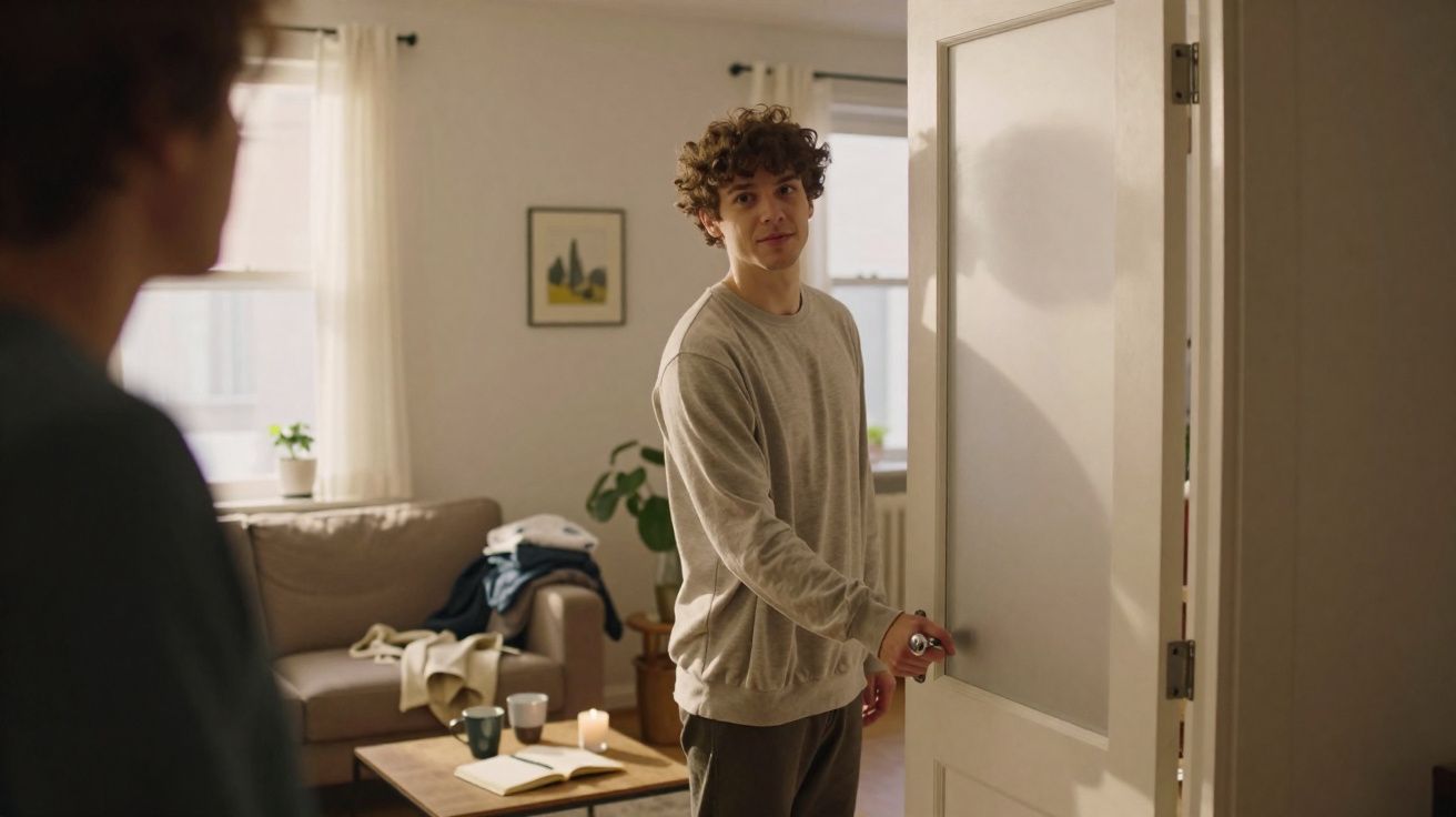 Jovem com camiseta cinza abre porta e olha para pessoa fora de foco em sala iluminada.