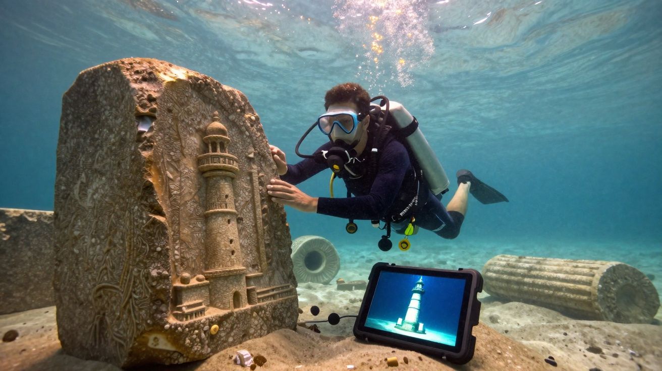 Mergulhador examina escultura subaquática de farol com monitor mostrando a imagem da mesma peça.