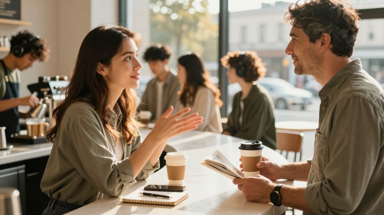 Mulher e homem conversam tomando café em cafeteria com outras pessoas ao fundo.