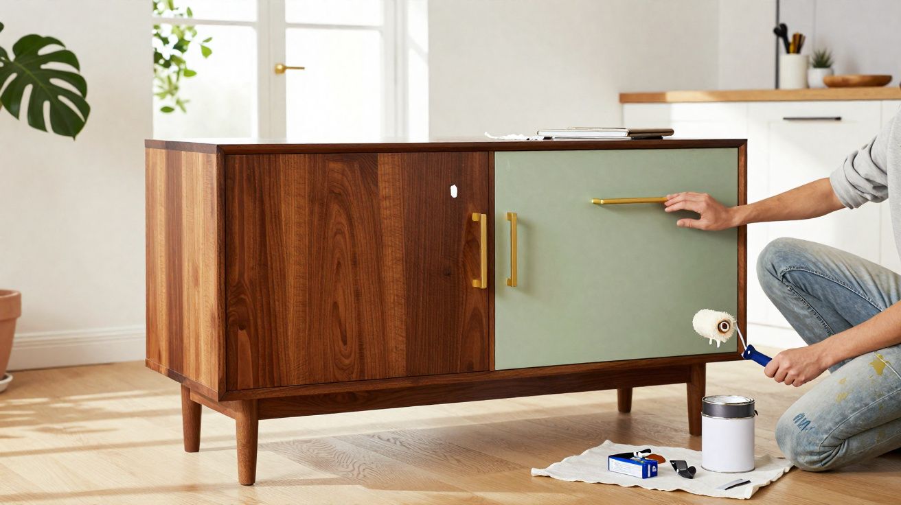 Pessoa pintando a porta verde de um aparador de madeira com rolo de pintura em sala iluminada.