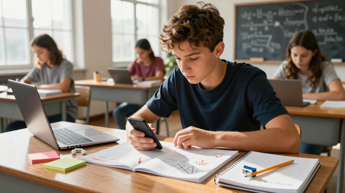 Aluno concentrado usando celular e caderno em sala de aula com outros estudantes ao fundo.