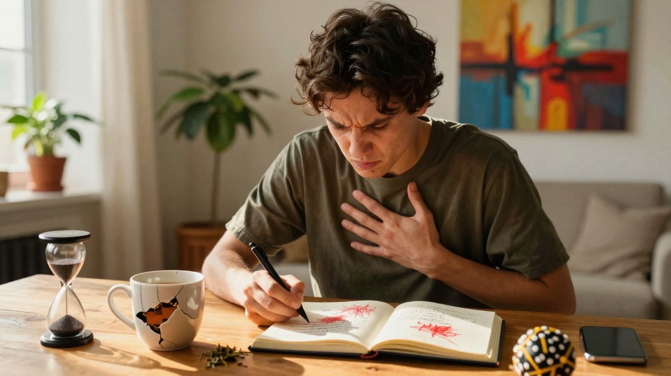 Jovem escritor com expressão frustrada trabalhando em livro com manchas de tinta vermelha em mesa com objetos.