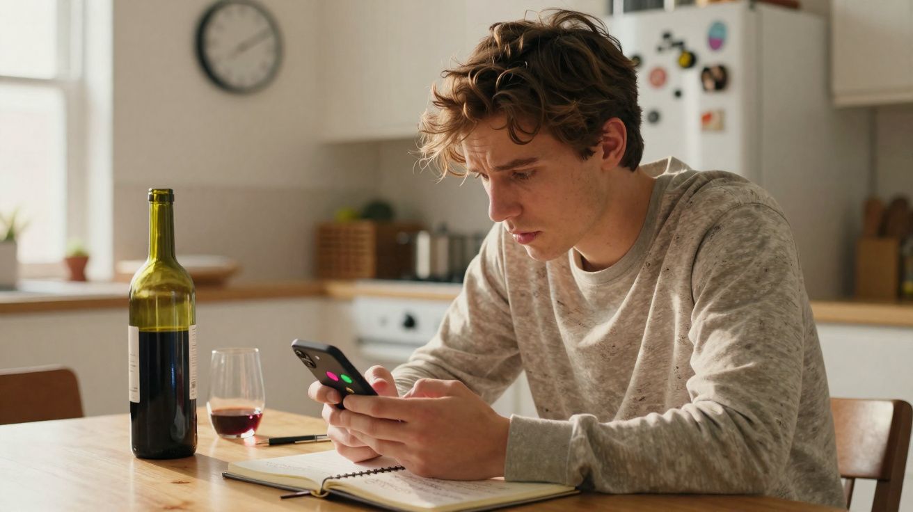 Jovem sentado à mesa da cozinha, olhando preocupado para o celular com garrafa e taça de vinho ao lado.