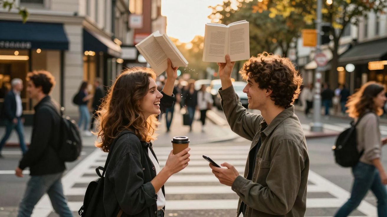 Jovem sorridente segurando café conversa com rapaz que segura celular e livros em avenida movimentada.