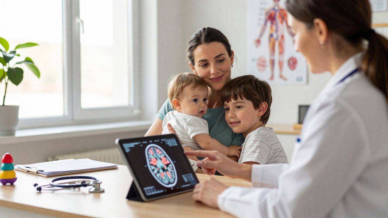 Médica mostra imagem cerebral em tablet para mãe com dois filhos em consultório iluminado.