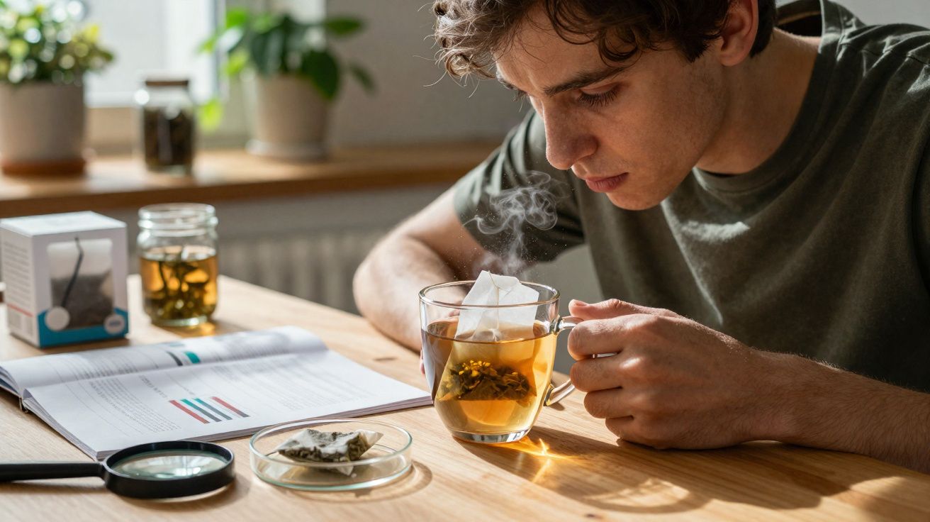 Jovem examina uma xícara de chá fumegante enquanto estuda com lupa e anotações numa mesa de madeira.