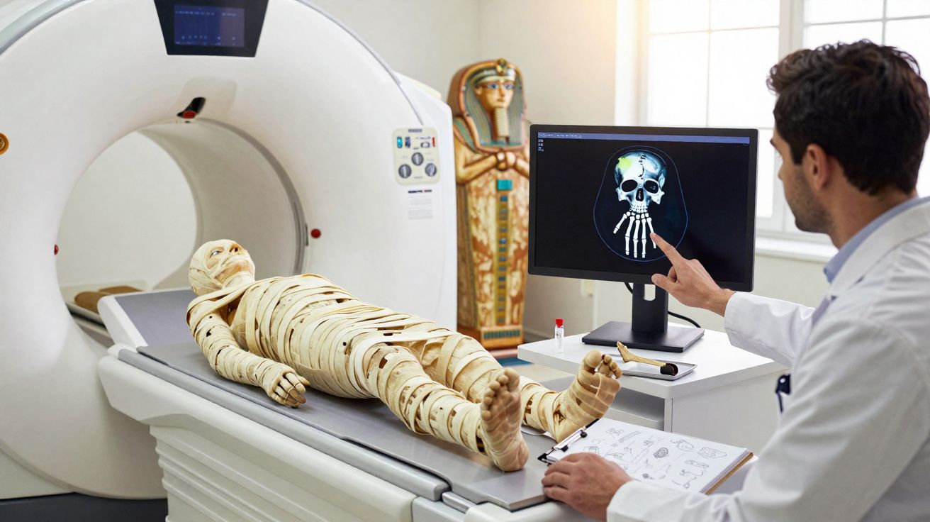 Homem médico analisando tomografia de múmia dentro de equipamento de ressonância magnética em laboratório.