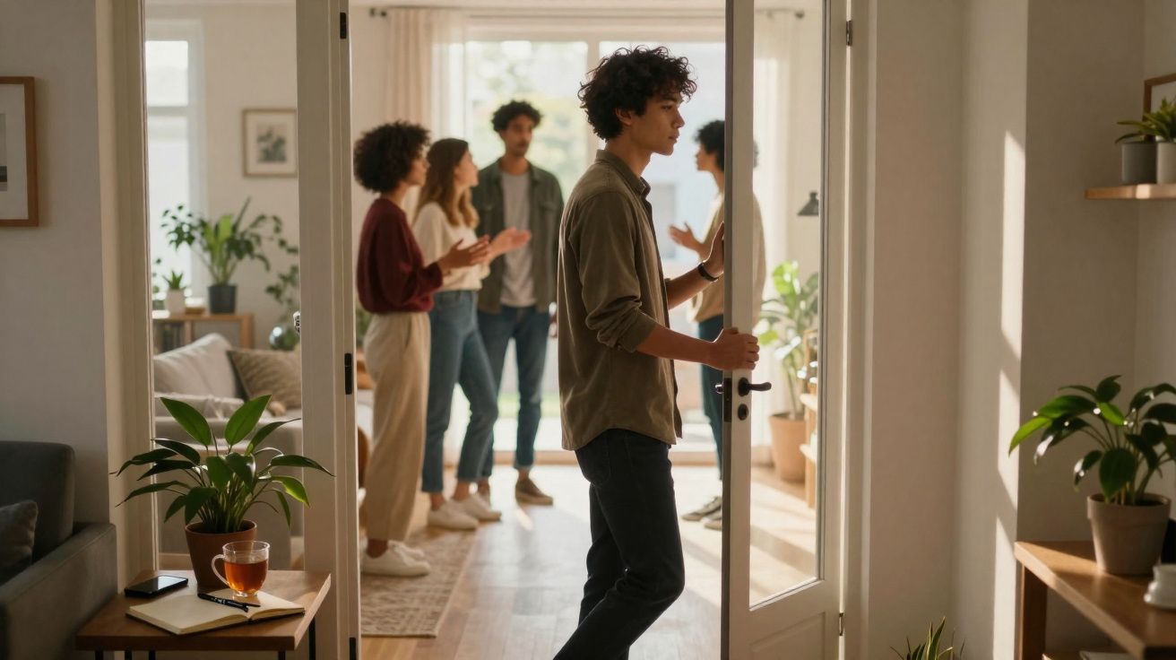 Pessoa saindo de sala enquanto grupo conversa em ambiente interno iluminado pela luz do dia.