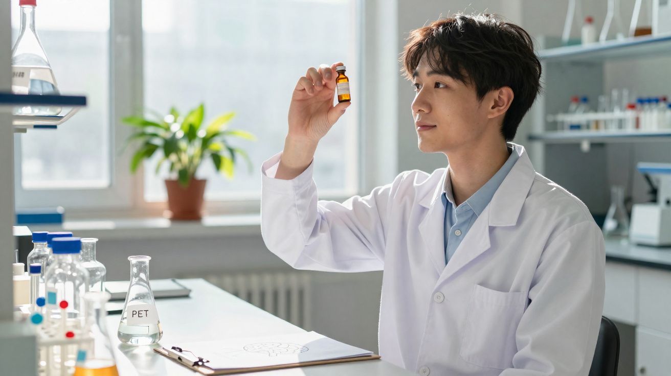 Jovem cientista em jaleco branco analisando frasco com líquido âmbar em laboratório iluminado.