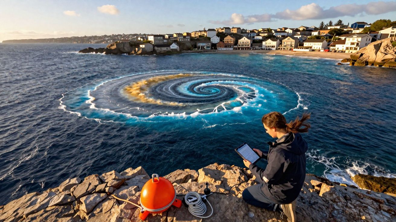 Mulher sentada em penhasco observando espiral azul no mar próximo a vila costeira ao entardecer.