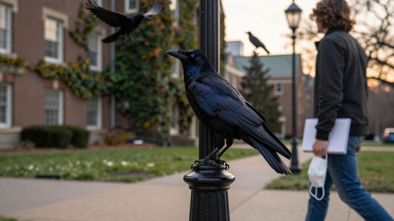 Corvo preto sentado em poste de ferro em calçada urbana com pessoa ao fundo segurando máscara e caderno.